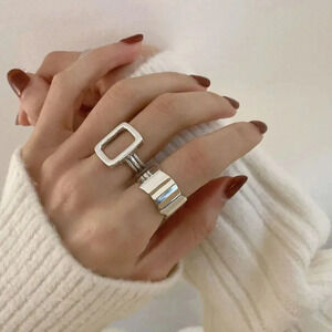 Minimalist 925 Sterling Silver Chunky Silver Ring Rectangle Ring Geometric Ring